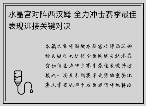 水晶宫对阵西汉姆 全力冲击赛季最佳表现迎接关键对决
