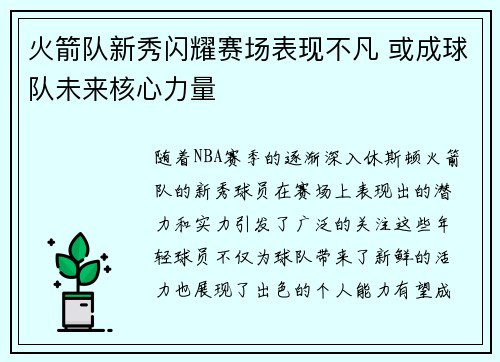 火箭队新秀闪耀赛场表现不凡 或成球队未来核心力量