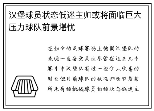 汉堡球员状态低迷主帅或将面临巨大压力球队前景堪忧