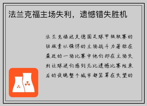 法兰克福主场失利，遗憾错失胜机