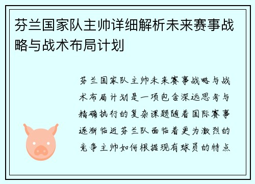 芬兰国家队主帅详细解析未来赛事战略与战术布局计划