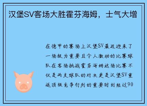 汉堡SV客场大胜霍芬海姆，士气大增