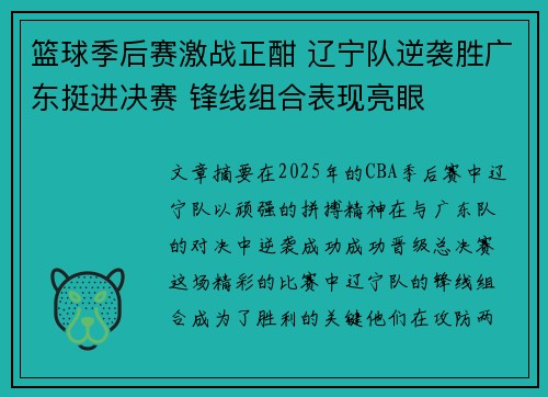 篮球季后赛激战正酣 辽宁队逆袭胜广东挺进决赛 锋线组合表现亮眼