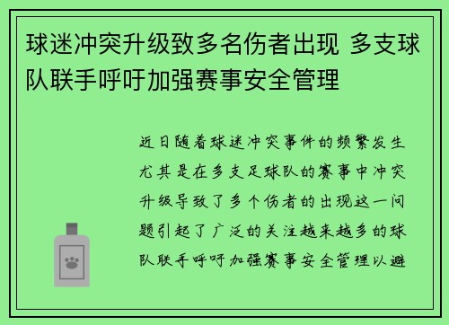 球迷冲突升级致多名伤者出现 多支球队联手呼吁加强赛事安全管理